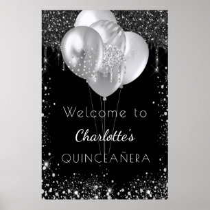 Poster Quinceanera noir paillettes argentées de bienvenue