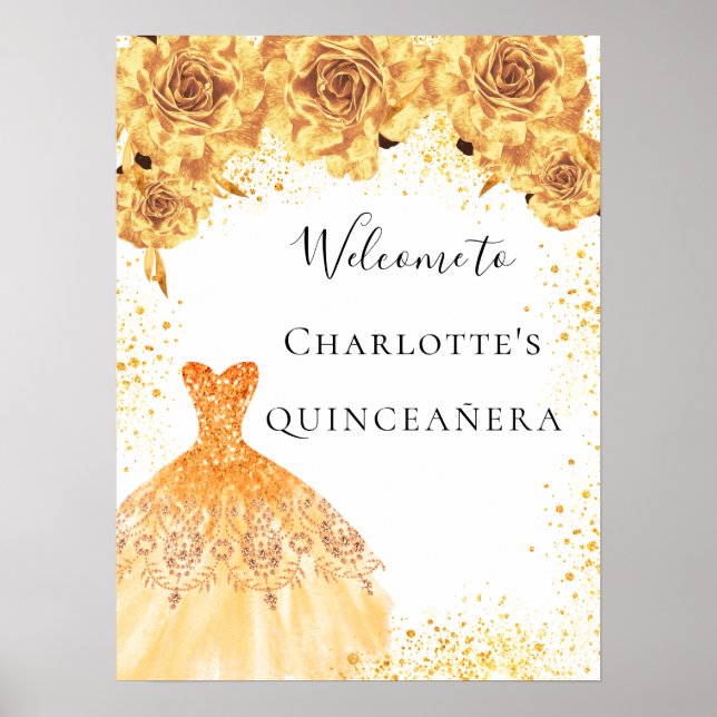 Poster Quinceanera or blanc robe florales fête bienvenue (Devant)