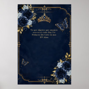Poster Quinceañera papillon floral or et bleu marine