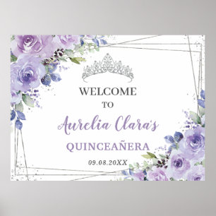 Poster Quinceañera Purple Lilac Floral Papillons Argent