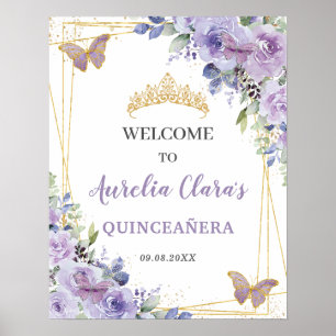 Poster Quinceañera Purple Lilac Floral Papillons Or