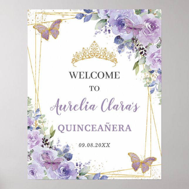 Poster Quinceañera Purple Lilac Floral Papillons Or (Devant)