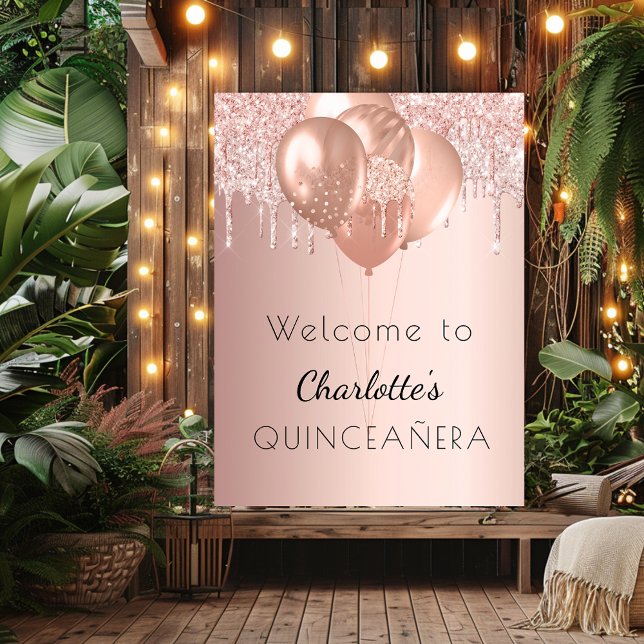 Poster Quinceanera rose or blush parties scintillant bien (Créateur téléchargé)