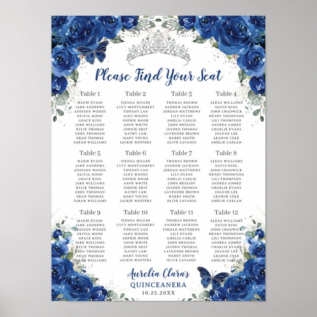 Poster Quinceañera Royal Blue Floral Argent de siège grap (Devant)