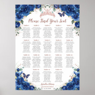 Poster Quinceañera Royal Blue Floral Rose Gold Siège