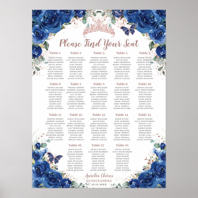Poster Quinceañera Royal Blue Floral Rose Gold Siège (Devant)