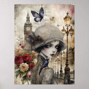 Poster Quirky Victorian Gothic Girl & Florals Londres