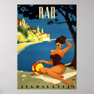 Poster Rab, île, Yougoslavie, femme en bikini sur la plag