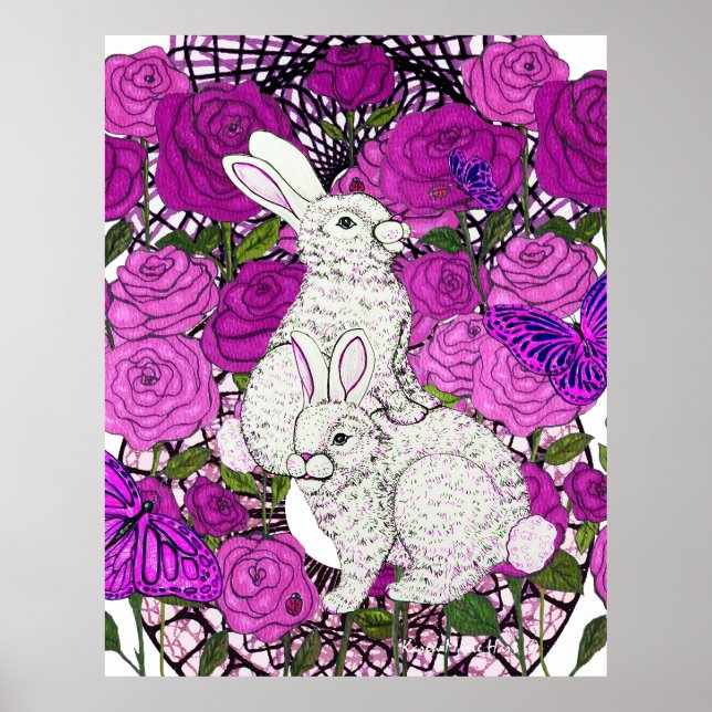 Poster Rabbits Love Roses (Devant)