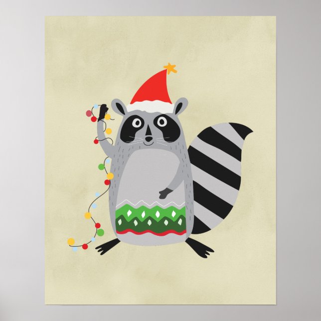 Poster Raccoon À Santa Hat Tangé Dans Les Lumières De Vac (Devant)