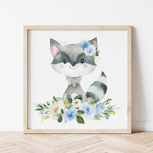 Poster Raccoon, Animaux Boisés, Boho, Fleurs Bleues
