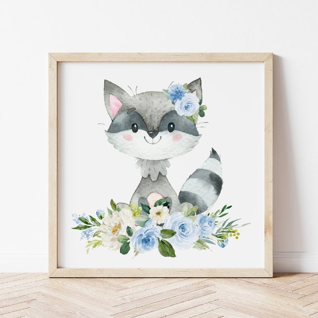 Poster Raccoon, Animaux Boisés, Boho, Fleurs Bleues (Créateur téléchargé)