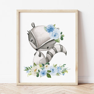 Poster Raccoon, Animaux Boisés, Boho, Fleurs Bleues