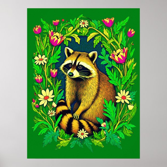 Poster Raccoon au milieu du jardin Fleur sauvage (Devant)