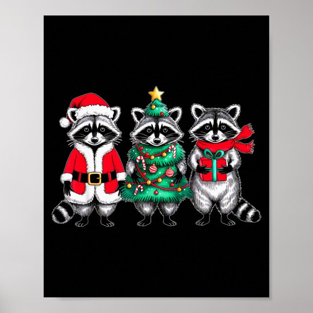 Poster Raccoon Christmas Tree Light Santa Hat Xmas Family (Devant)