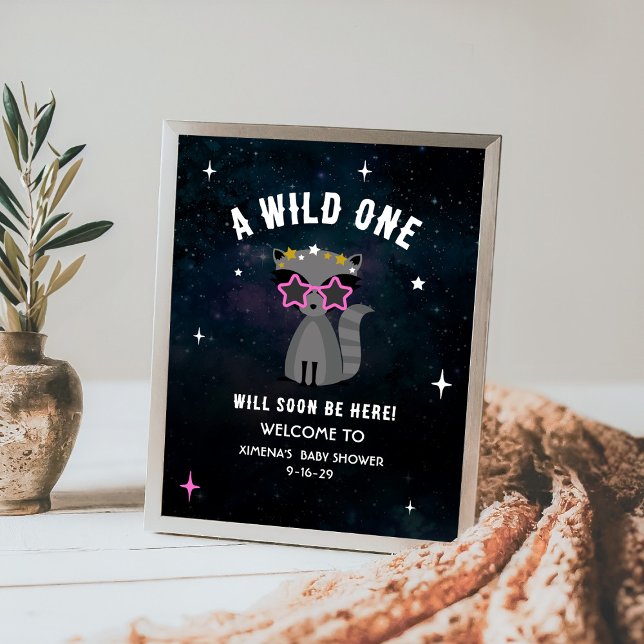 Poster Raccoon Cosmic Wild One Rose Girl Baby shower (Créateur téléchargé)