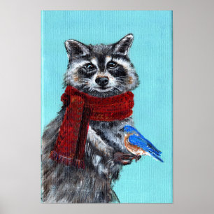 Poster Raccoon d'hiver avec Bluebird