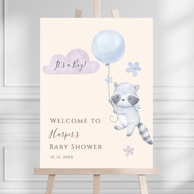 Poster Raccoon Flying Balloon Boy Baby Shower Welcome (Créateur téléchargé)