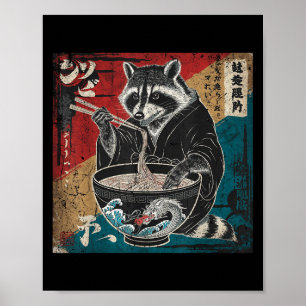 Poster Raccoon mangeant Ramen japonais nouilles Funny Rac