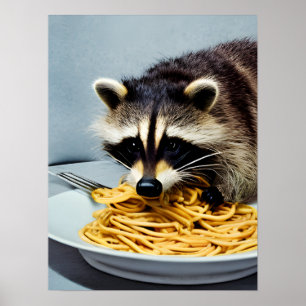 Poster Raccoon mangeant Spaghetti