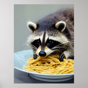 Poster Raccoon mangeant Spaghetti