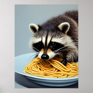 Poster Raccoon mangeant Spaghetti