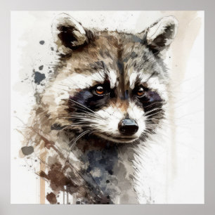 Poster Raccoon Portrait Animal Peinture Faune En Plein Ai