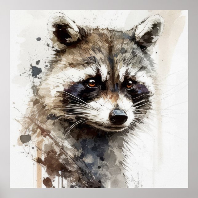 Poster Raccoon Portrait Animal Peinture Faune En Plein Ai (Devant)