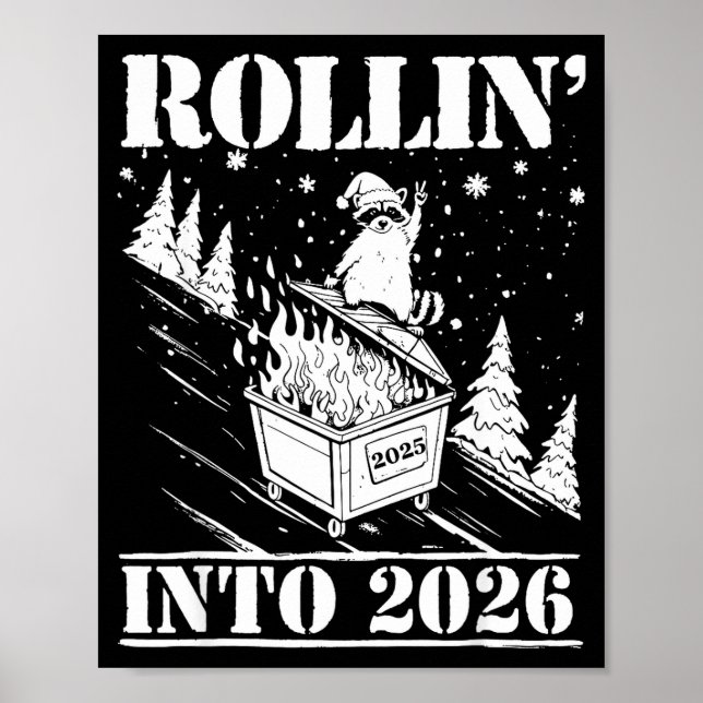 Poster Raccoon Rolling Into 2026 Happy New Year 2026 Funn (Devant)