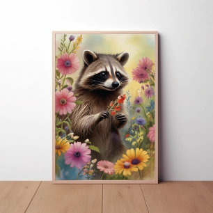 Poster Raccoon Whimsical et art naturel Fleur sauvage