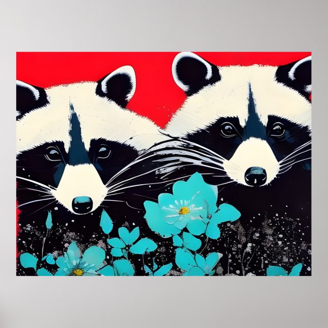 Poster Raccoons Adorables Avec Fleurs Bleues (Devant)