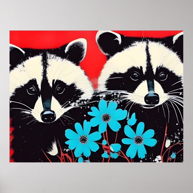 Poster Raccoons Adorables Avec Fleurs Bleues Arrière - pl (Devant)
