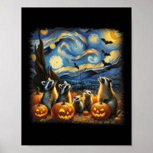 Poster Raccoons Et Possum Halloween Automne Van Gogh Star