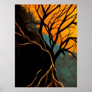 Poster Racines dorées et Arbre du crépuscule