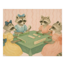 Racons mignons vintage jouant au Mahjong