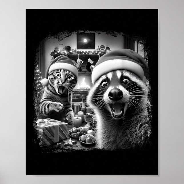 Poster Racoon Santa Funny Cat Taking Selfie Christmas Xma (Devant)