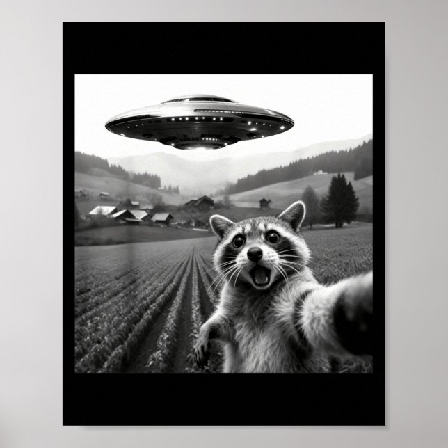 Poster Racoon Selfie With Alien Ufo Funny Racoon Alien Bi (Devant)