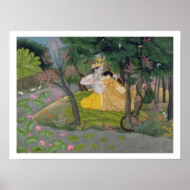 Poster Radha et Krishna embrassent dans un bosquet de fle (Devant)