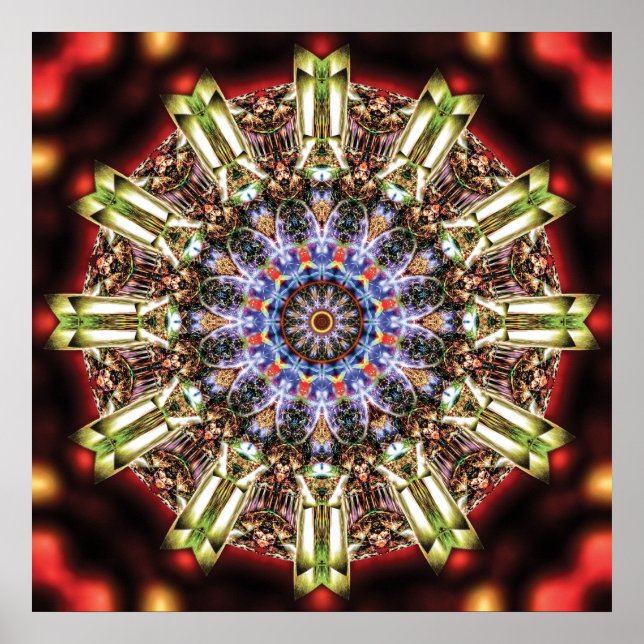 Poster Radiant Kaleidoscopic Mandala in Crimson and Gold (Devant)