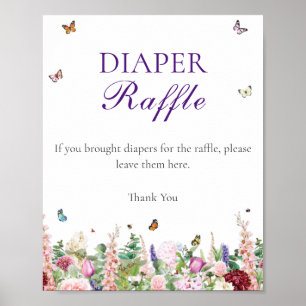 Poster Raffle de couches   Fleurs et papillons violets ro