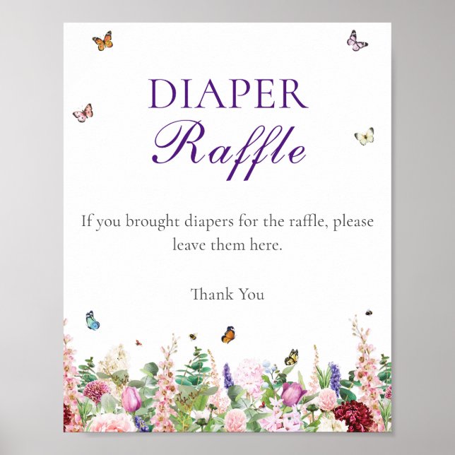 Poster Raffle de couches | Fleurs et papillons violets ro (Devant)