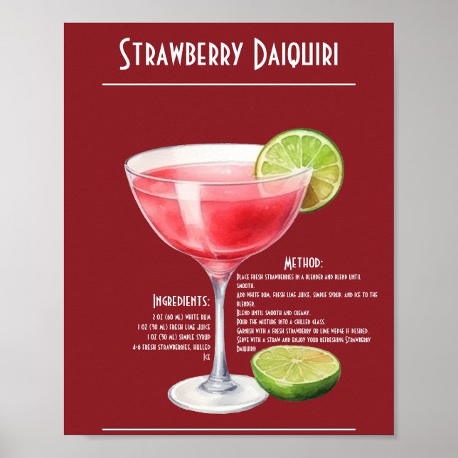 Poster Rafraîchir la fraise Daiquiri Recette Bar (Devant)