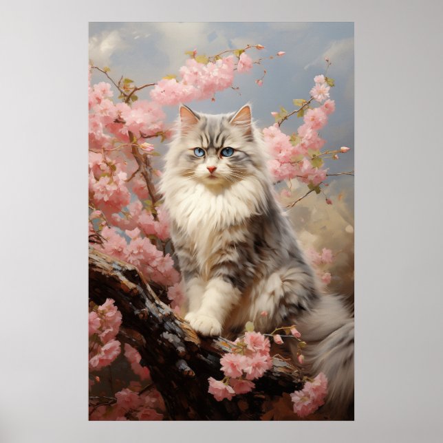 Poster Ragdoll portrait de chat avec fleurs (Devant)