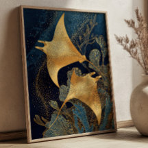 Raies Manta Bleu Nuit & Or Élégant Art Kintsugi
