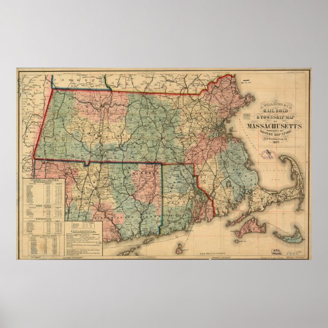 Poster Rail Road & Township Map of Massachusetts, 1879 (Devant)