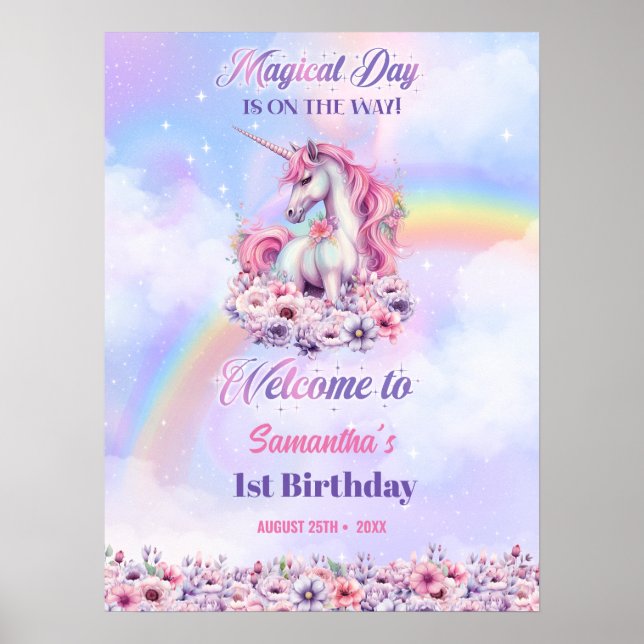 Poster Rainbow Birthday Girls Pastel magie licorne (Devant)