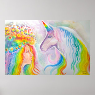 Poster Rainbow cheveux fille et licorne