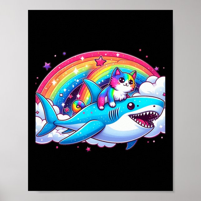 Poster Rainbow Galaxy Chat équitation Requin dans l'espac (Devant)