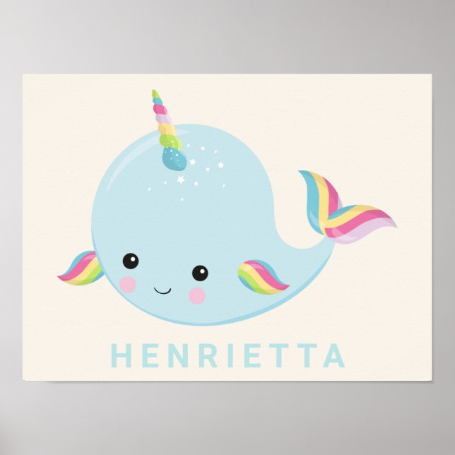 Poster Rainbow Narwhal Kawaii Motif Pastel Blue Nom (Devant)