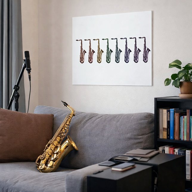 Poster Rainbow Saxophone Lineup Music Lover Art  (A poster with a lineup of rainbow saxophones.)